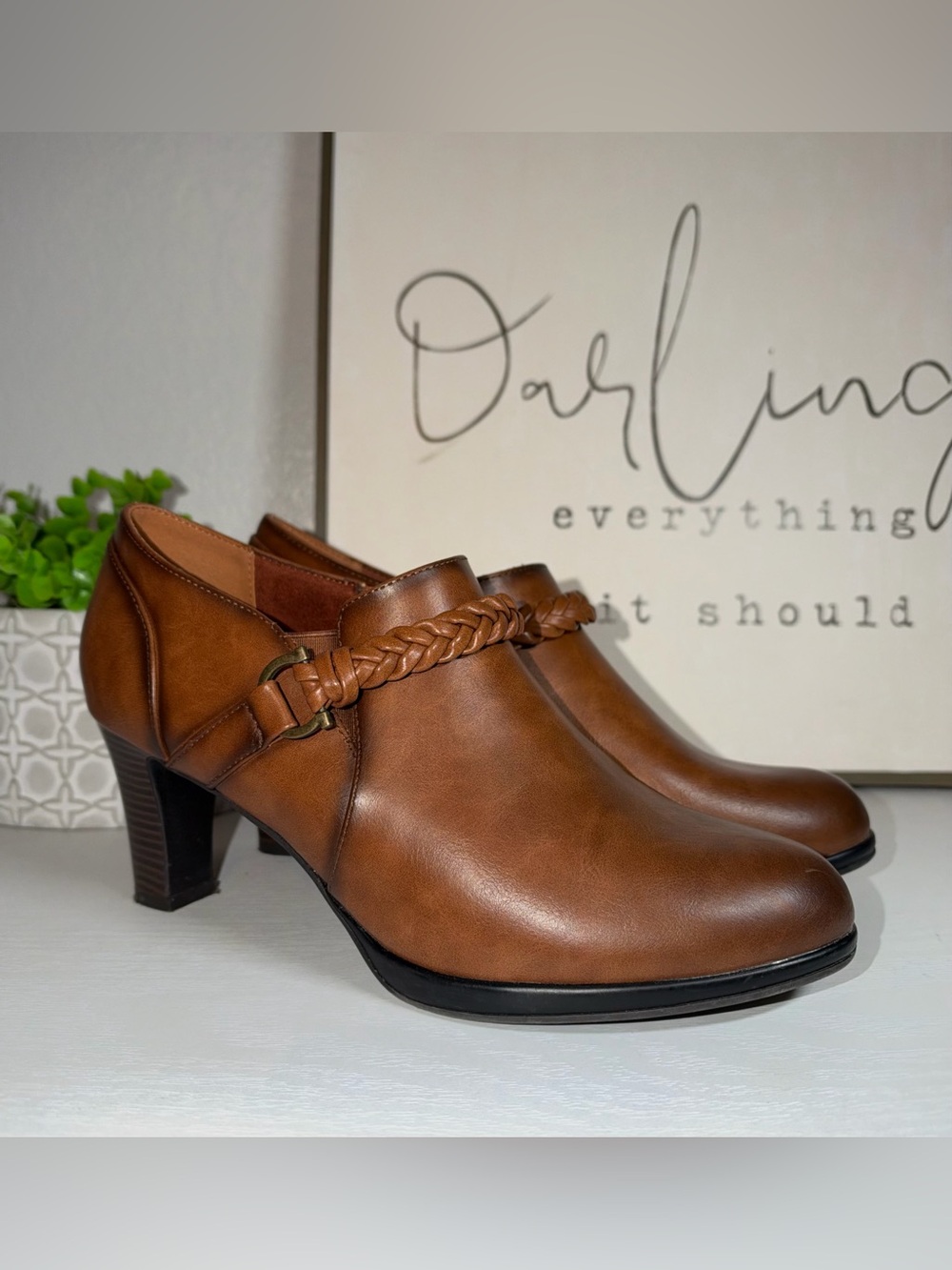 Lauren Blakwell Women’s 8.5 Brown Ankle Booties Braided Strap Block Heel